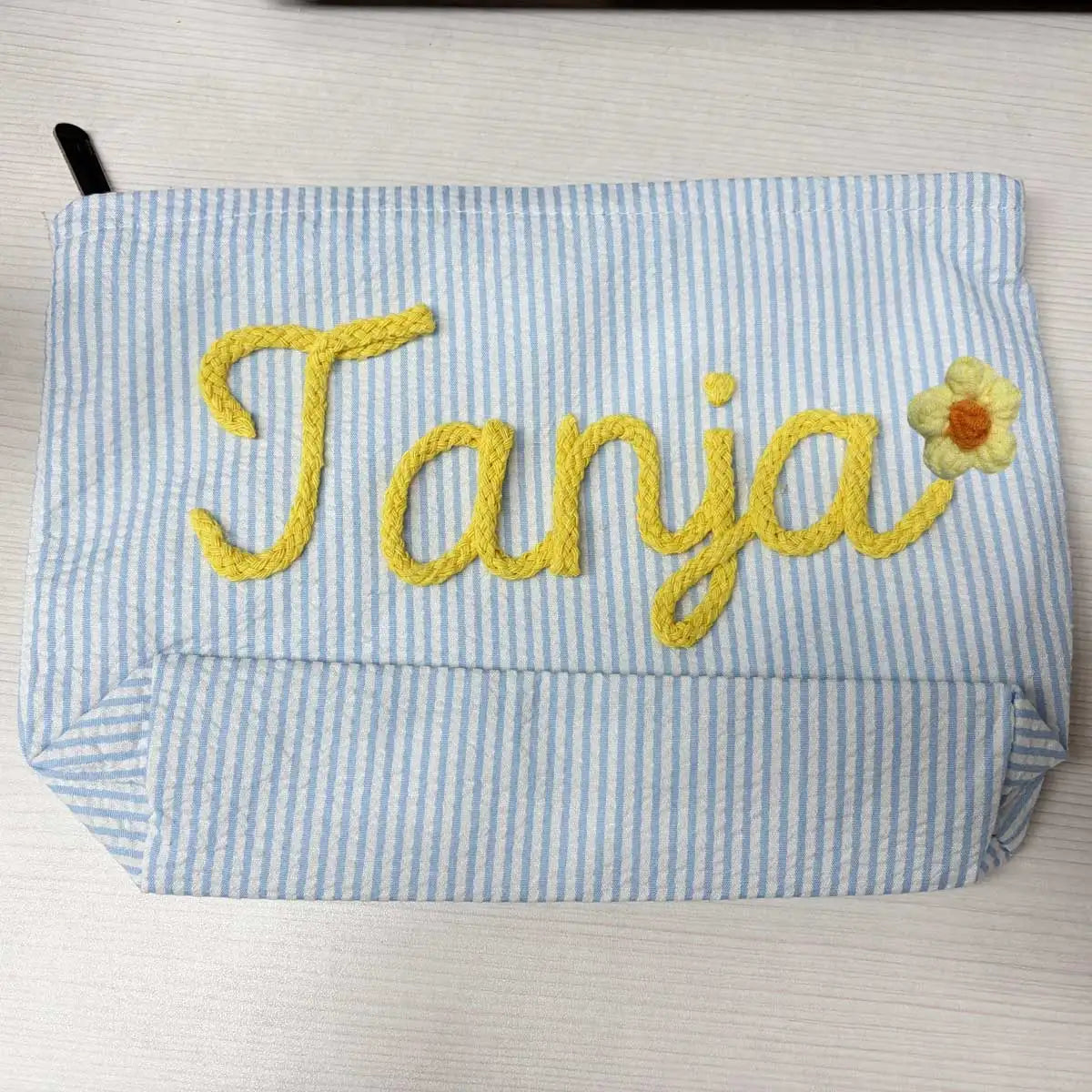 Bolsa de Maquillaje Personalizada de Tela Seersucker, Bolsa de Cosméticos con Nombre Personalizado, Regalo para Damas de Honor, Bolsa de Maquillaje de Viaje, Bolsa de Aseo a Rayas, Playa