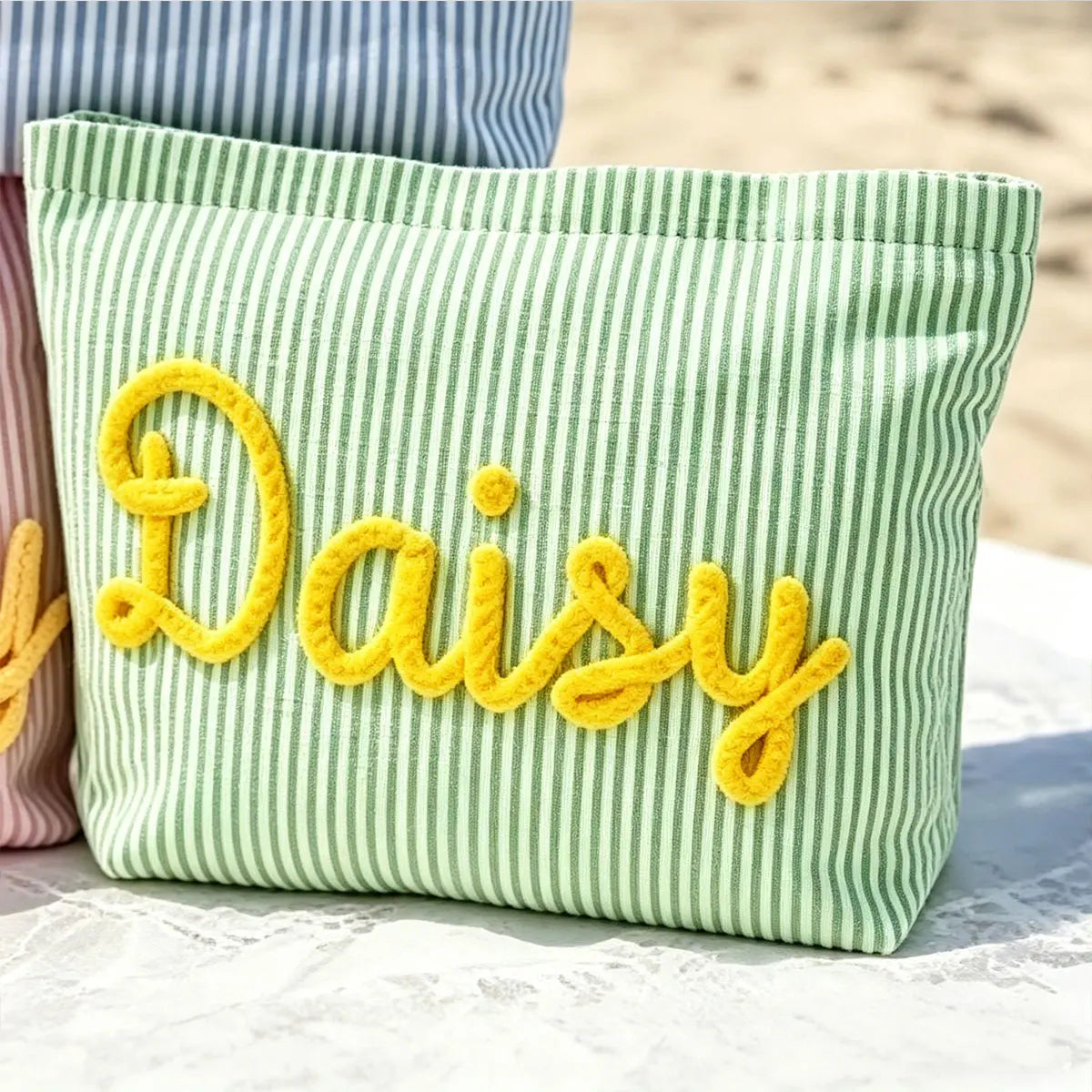 Bolsa de Maquillaje Personalizada de Tela Seersucker, Bolsa de Cosméticos con Nombre Personalizado, Regalo para Damas de Honor, Bolsa de Maquillaje de Viaje, Bolsa de Aseo a Rayas, Playa