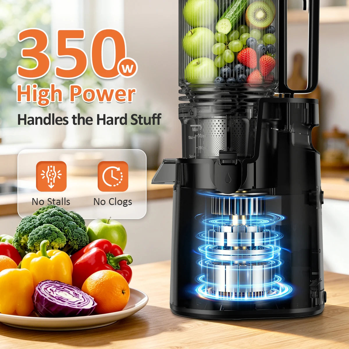 Extractor de jugo de masticación lenta con tolva de alimentación grande de 5,4", máquinas de extractor de jugo de prensado en frío de 350 W para frutas y verduras enteras, extractor de jugo silencioso de 50 RPM, fácil de