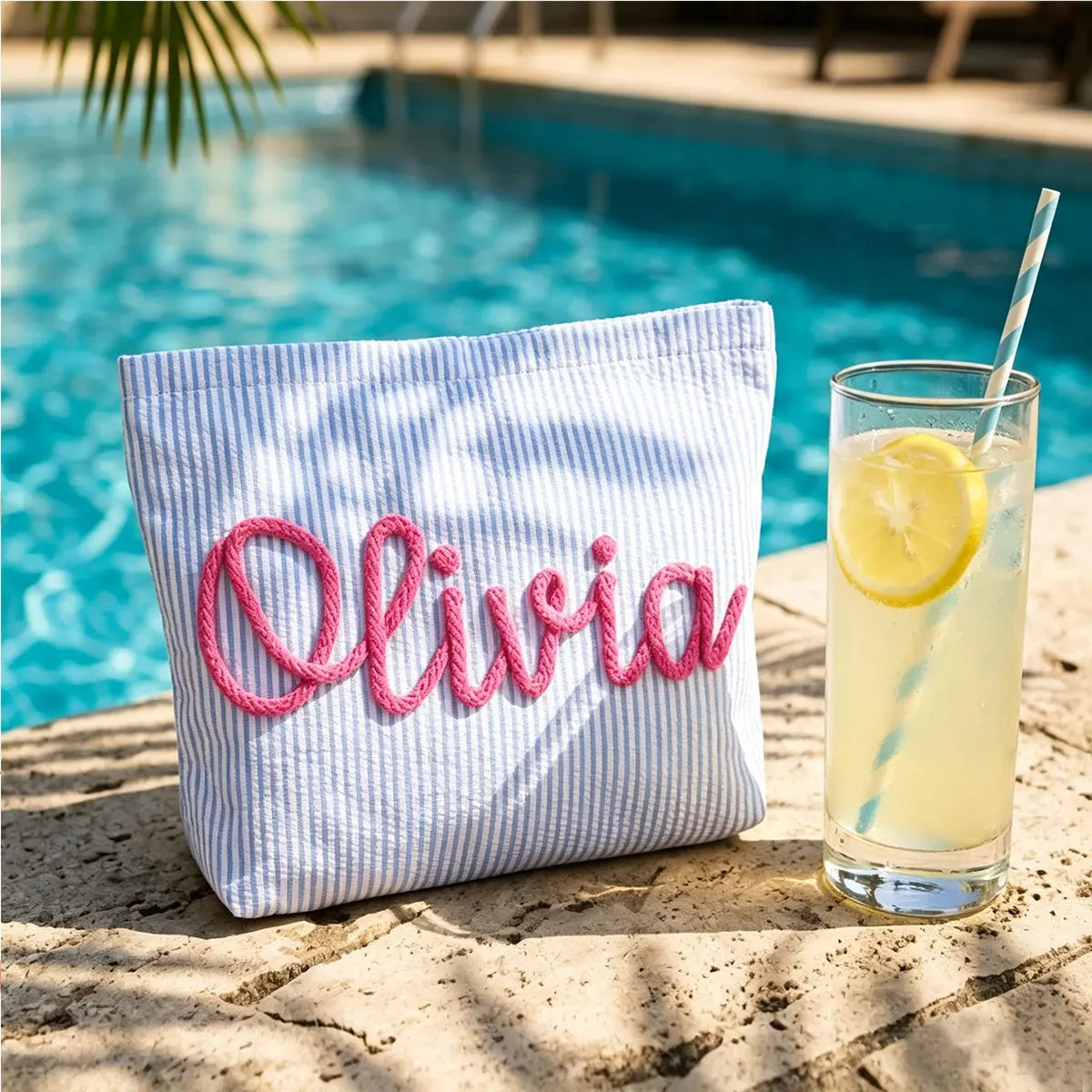 Bolsa de Maquillaje Personalizada de Tela Seersucker, Bolsa de Cosméticos con Nombre Personalizado, Regalo para Damas de Honor, Bolsa de Maquillaje de Viaje, Bolsa de Aseo a Rayas, Playa