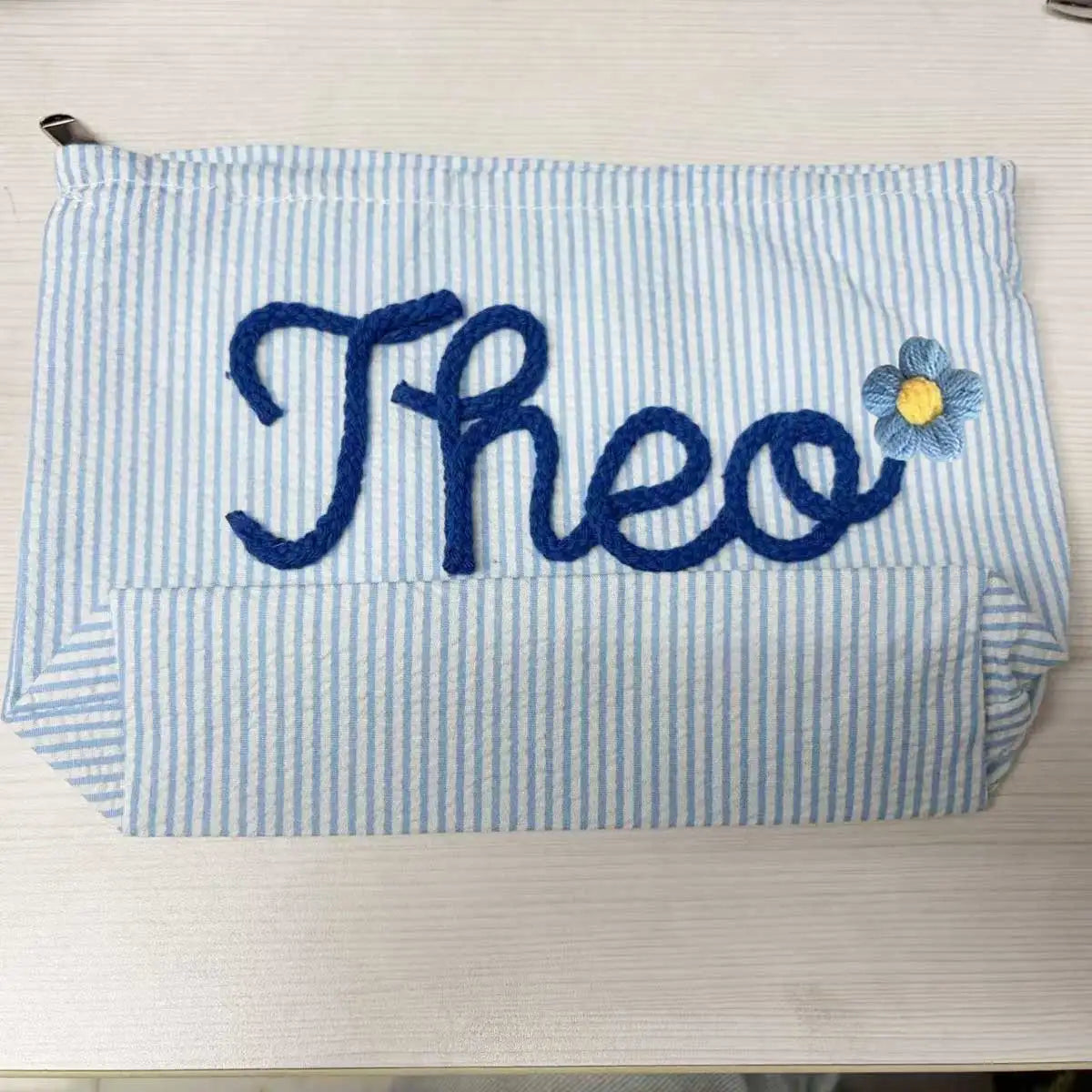 Bolsa de Maquillaje Personalizada de Tela Seersucker, Bolsa de Cosméticos con Nombre Personalizado, Regalo para Damas de Honor, Bolsa de Maquillaje de Viaje, Bolsa de Aseo a Rayas, Playa