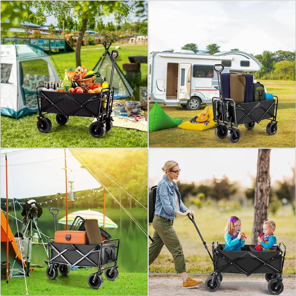 Carro plegable grande para acampar en el jardín, carro de utilidad para playa con soporte de carga fuerte para exteriores, con ruedas y asa