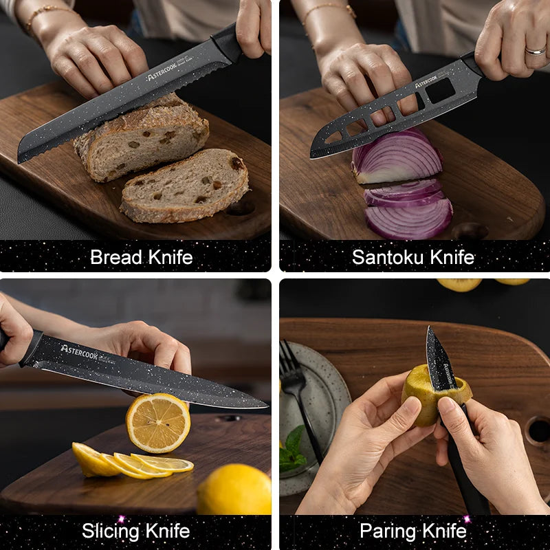 Juego de cuchillos Astercook de 6 uds., juegos de cuchillos de cocina estrella con protectores de cuchillas, apto para lavavajillas, acero inoxidable alemán con alto contenido de carbono
