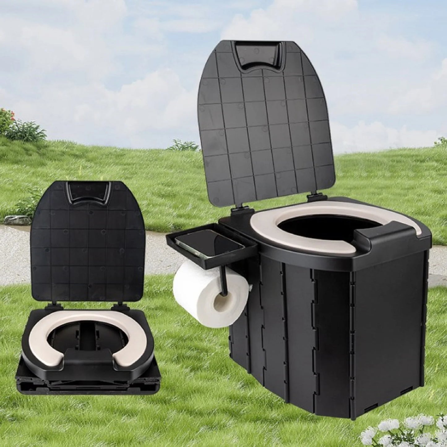 Inodoro plegable, portátil, plegable, caja de almacenamiento antiolor, inodoro para coche, inodoro de emergencia de viaje autónomo para adultos