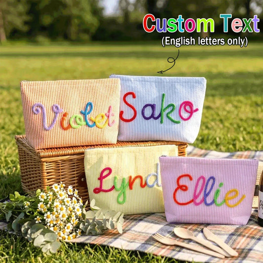 Bolsa de Maquillaje Personalizada de Tela Seersucker, Bolsa de Cosméticos con Nombre Personalizado, Regalo para Damas de Honor, Bolsa de Maquillaje de Viaje, Bolsa de Aseo a Rayas, Playa