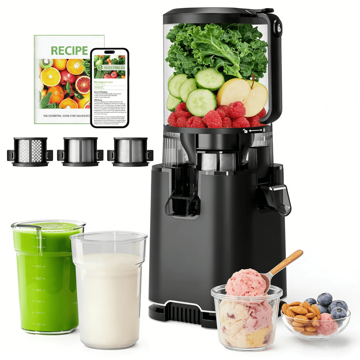 Extractor de Jugos Prensado en Frío con Boca Ancha de 6 Pulgadas, 3 Filtros para Jugos Lisos, Jugos con Pulpa y Sorbetes, Fácil de Limpiar
