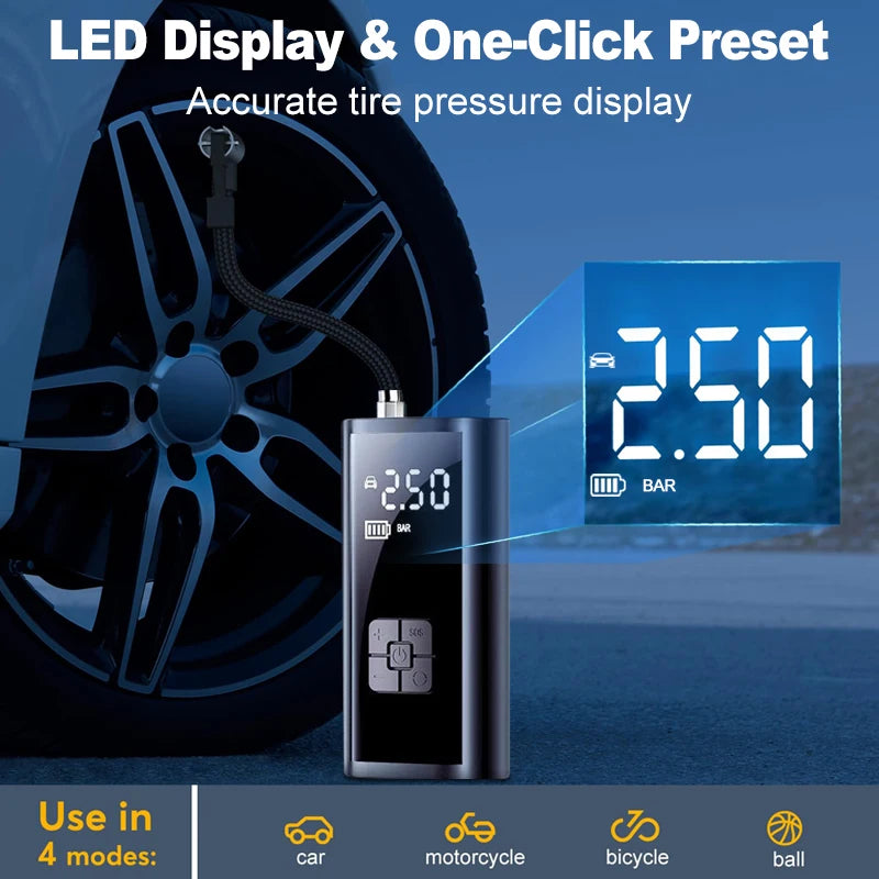 Compresor de aire inalámbrico portátil de 150PSI, inflador de neumáticos para coche, motocicleta, bicicleta con luz LED, bomba de aire eléctrica