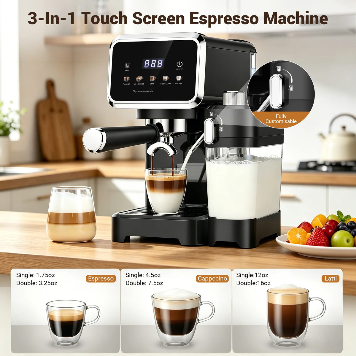 Cafetera Espresso con Pantalla Táctil a Color, Máquina de Cappuccino y Latte de 20 Bares con Espumador de Leche Automático, Cafetera Espresso de Doble Caldera de Acero Inoxidable para el Hogar, 1350W