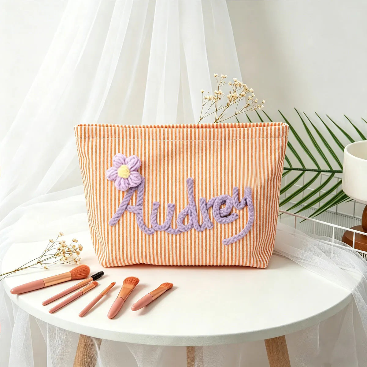 Bolsa de Maquillaje Personalizada de Tela Seersucker, Bolsa de Cosméticos con Nombre Personalizado, Regalo para Damas de Honor, Bolsa de Maquillaje de Viaje, Bolsa de Aseo a Rayas, Playa