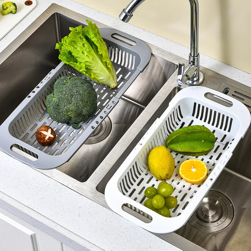 Estante de almacenamiento de cocina, estante para esponja y jabón, escurridor de verduras ajustable, estante para fregadero, herramientas de cocina multifuncionales retráctiles