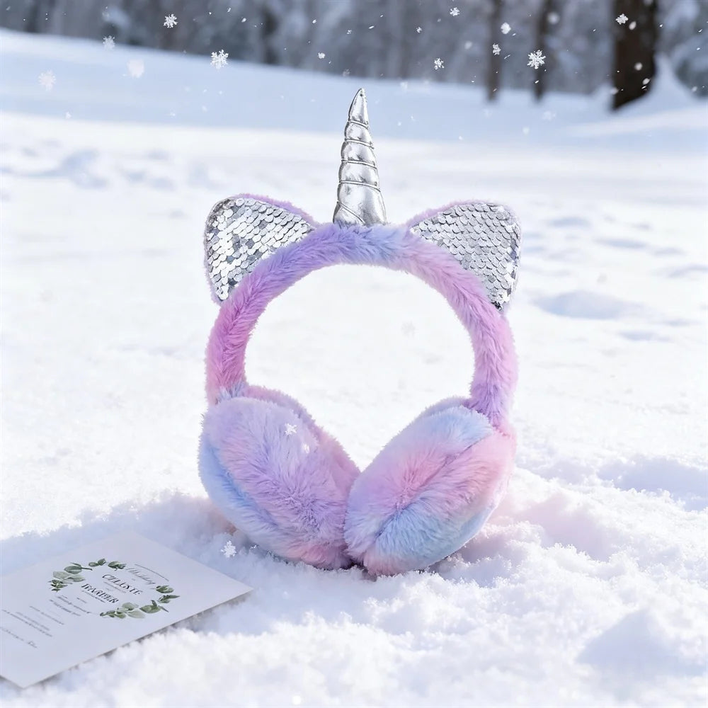 Orejeras de unicornio cálidas de felpa suave para otoño e invierno, orejeras de gato con lentejuelas teñidas anudadas, protege las orejas del frío, regalos de navidad
