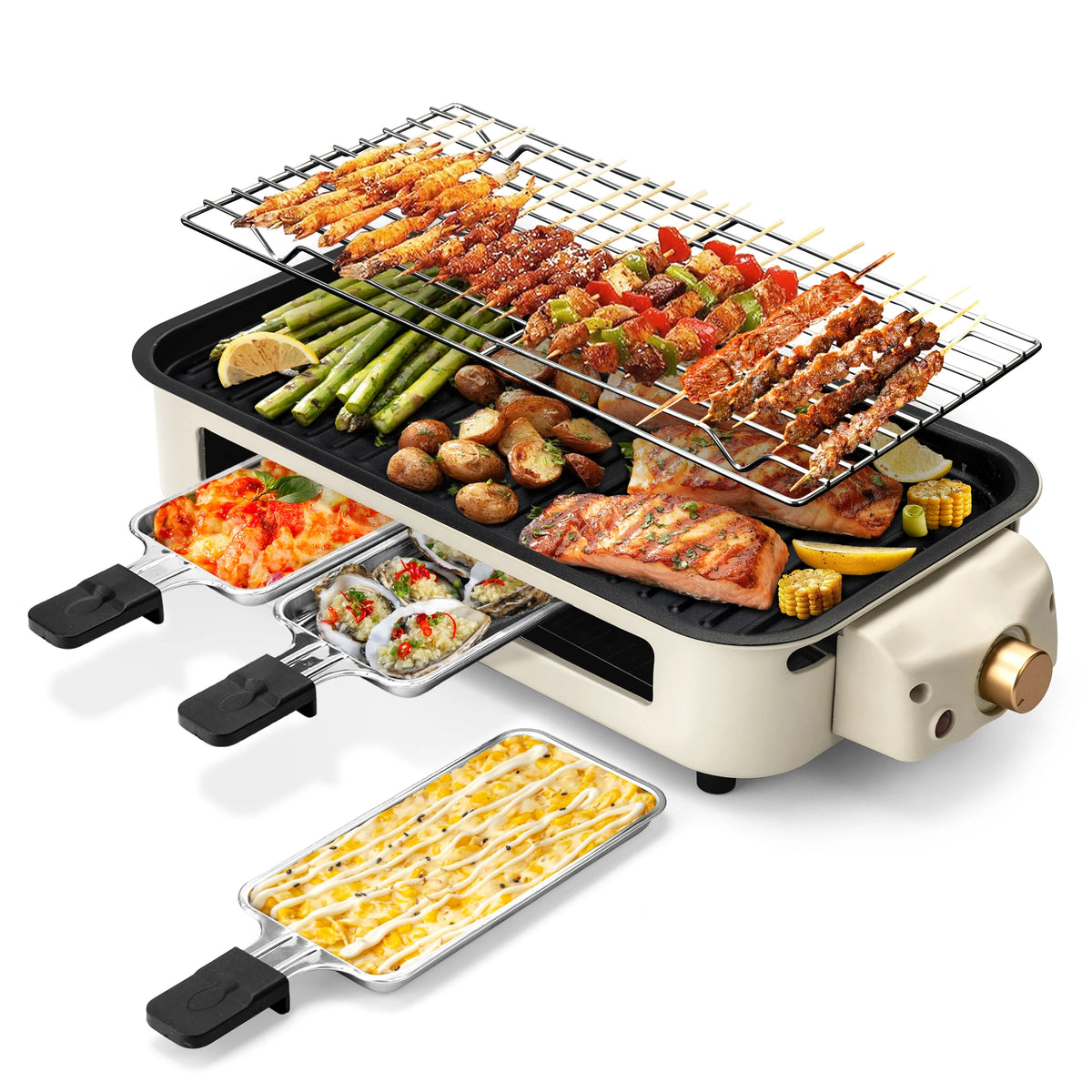 Parrilla eléctrica, parrilla eléctrica sin humo, revestimiento antiadherente, placa/parrilla/bandeja extraíble, adecuada para fiestas familiares y en el comedor de residencia y barbacoas
