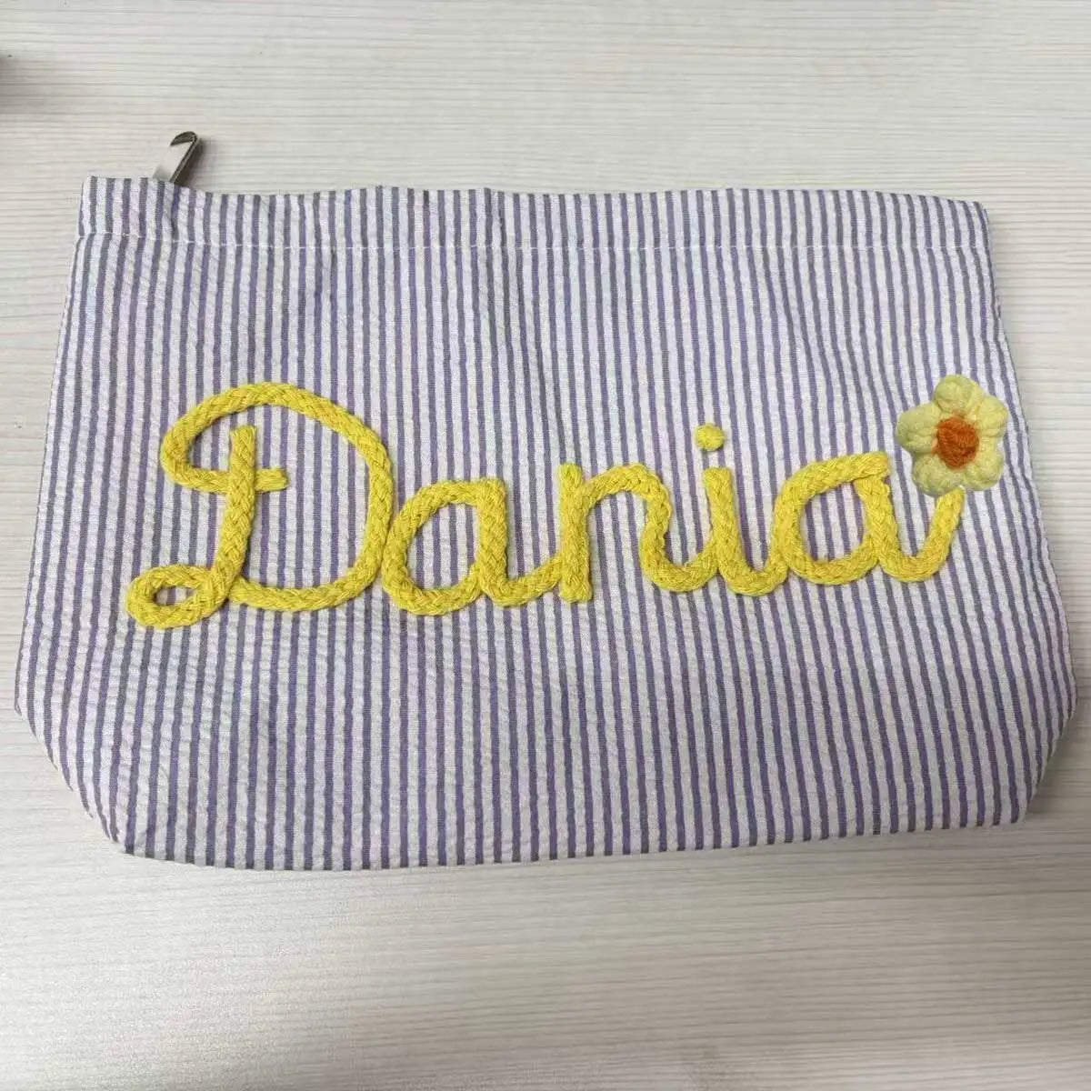 Bolsa de Maquillaje Personalizada de Tela Seersucker, Bolsa de Cosméticos con Nombre Personalizado, Regalo para Damas de Honor, Bolsa de Maquillaje de Viaje, Bolsa de Aseo a Rayas, Playa
