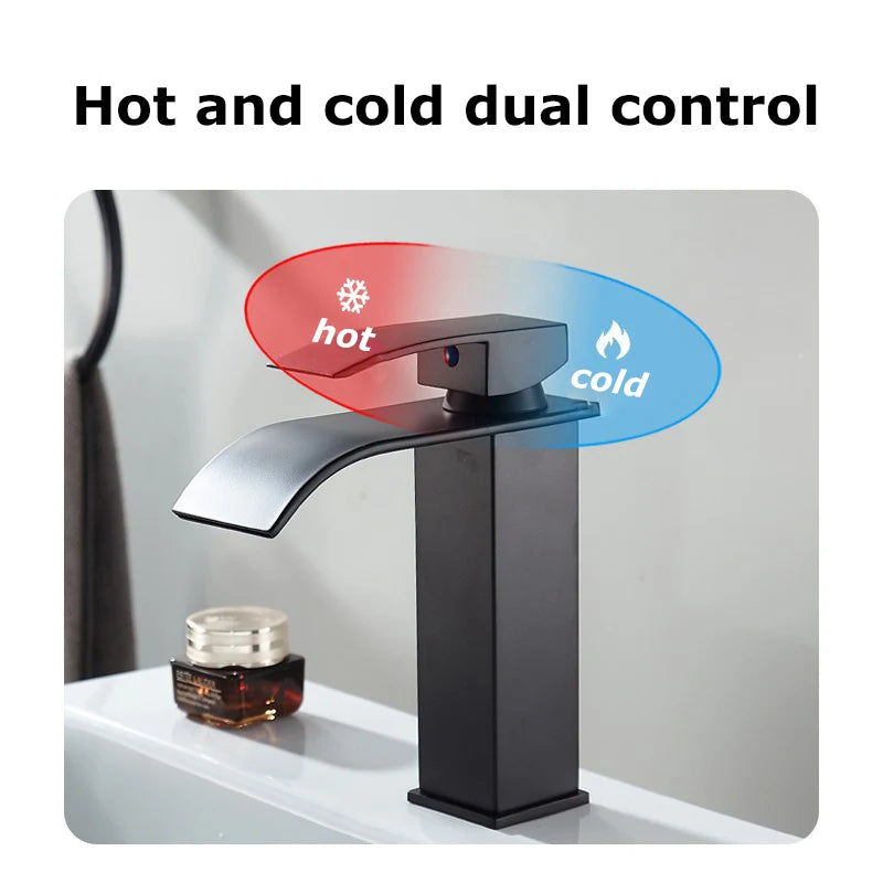 Lavabo cascada para el hogar, grifo alto y bajo de acero inoxidable, lavabo negro para inodoro frío y caliente, Baño