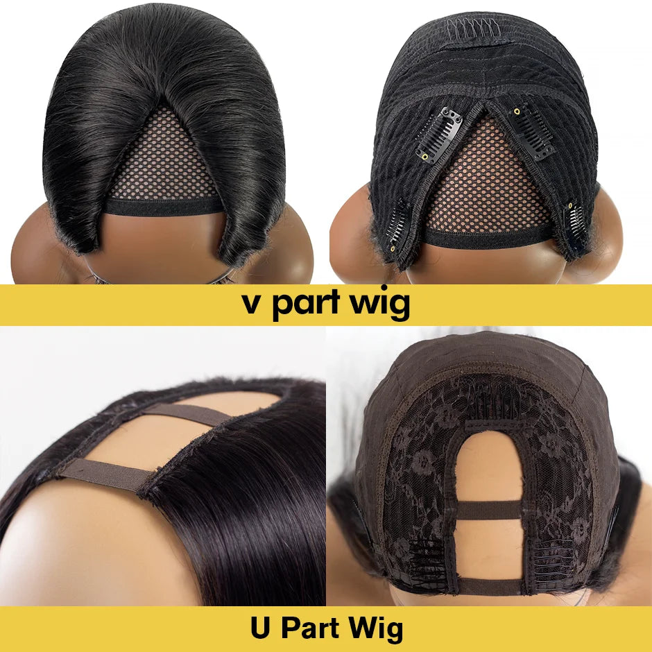 Peluca recta sin pegamento con parte en V, cabello humano brasileño liso con hueso, pelucas de cabello humano para mujeres, parte en V, sin pegamento, 30 y 36 pulgadas
