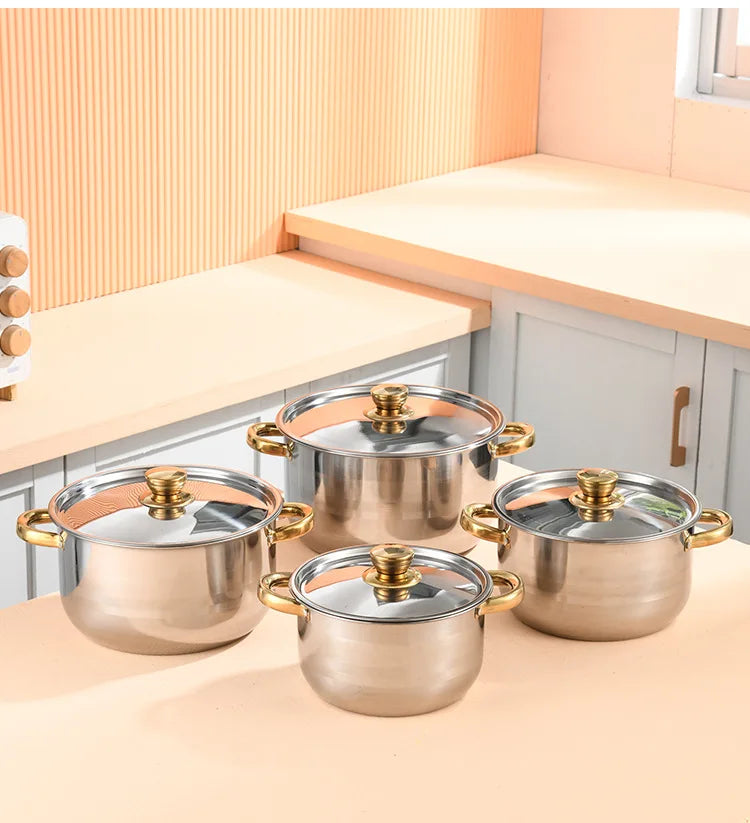 Juego de 4 Ollas de Acero Inoxidable con Tapa, Utensilios de Cocina, Olla para Sopa