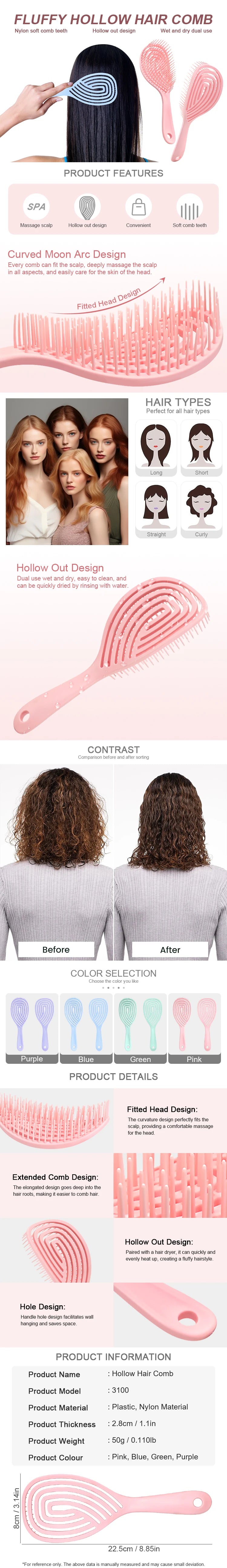 Cepillo para el cabello hueco: peine para masaje del cuero cabelludo de secado rápido para cabello rizado/húmedo, herramienta para desenredar y peinar