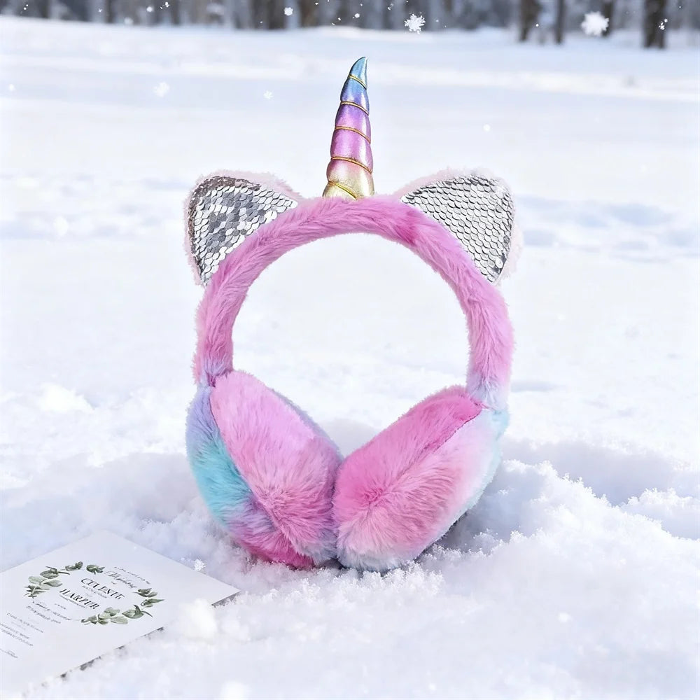 Orejeras de unicornio cálidas de felpa suave para otoño e invierno, orejeras de gato con lentejuelas teñidas anudadas, protege las orejas del frío, regalos de navidad