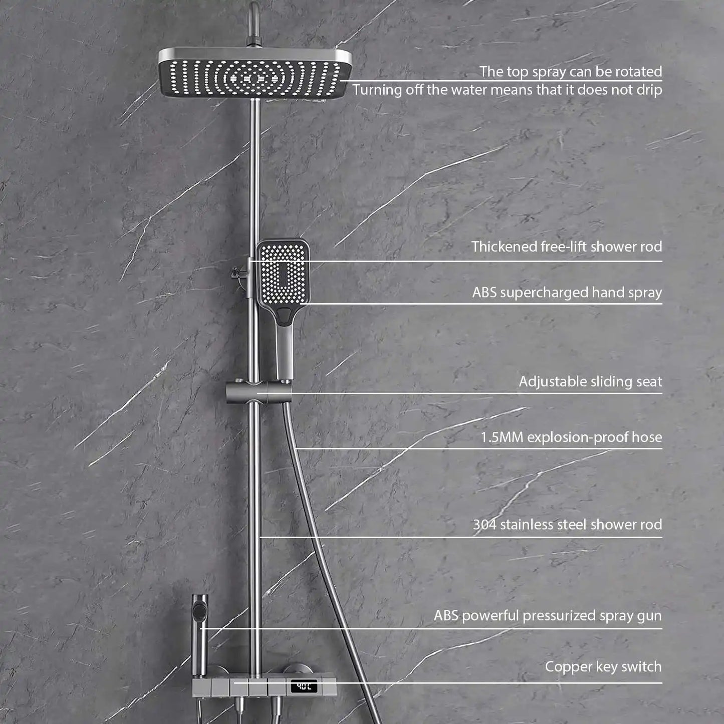 Sistema de grifería para ducha de baño con pantalla digital, mezclador de cobre y cabezal de ducha de alta presión