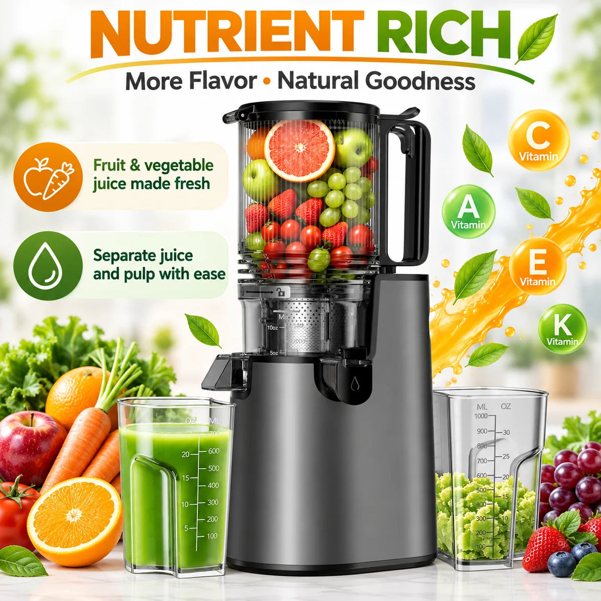 Extractor de jugo de masticación lenta con tolva de alimentación grande de 5,4", máquinas de extractor de jugo de prensado en frío de 350 W para frutas y verduras enteras, extractor de jugo silencioso de 50 RPM, fácil de