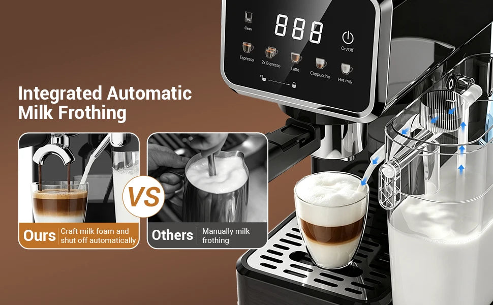 Cafetera Espresso con Pantalla Táctil a Color, Máquina de Cappuccino y Latte de 20 Bares con Espumador de Leche Automático, Cafetera Espresso de Doble Caldera de Acero Inoxidable para el Hogar, 1350W