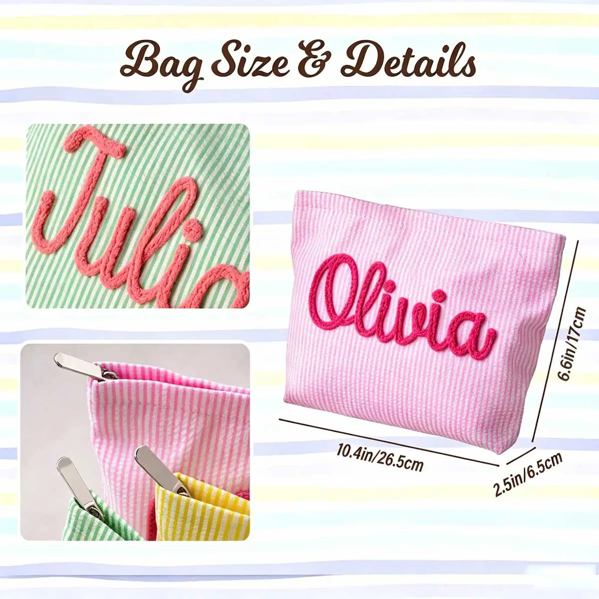 Bolsa de Maquillaje Personalizada de Tela Seersucker, Bolsa de Cosméticos con Nombre Personalizado, Regalo para Damas de Honor, Bolsa de Maquillaje de Viaje, Bolsa de Aseo a Rayas, Playa