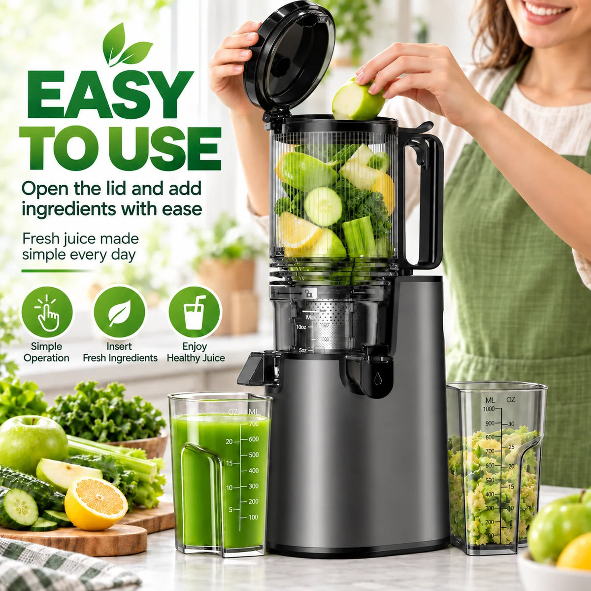 Extractor de jugo de masticación lenta con tolva de alimentación grande de 5,4", máquinas de extractor de jugo de prensado en frío de 350 W para frutas y verduras enteras, extractor de jugo silencioso de 50 RPM, fácil de