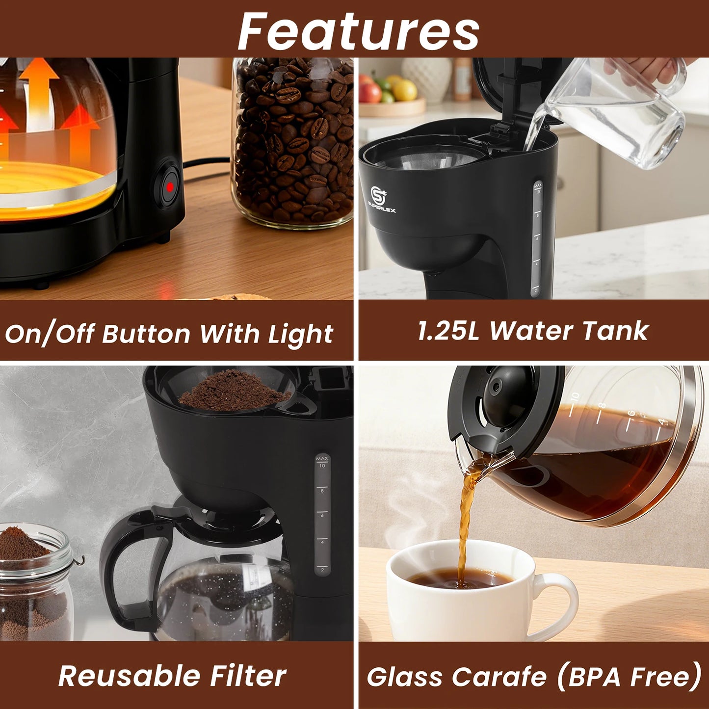 Cafetera Eléctrica de Goteo SUPERLEX de 1.25L, 600W, Estilo Americano, con Ventana de Nivel de Agua y Filtro Reutilizable