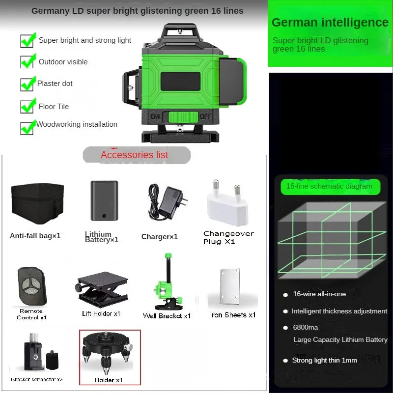 Láser 4D de 16 líneas Nivel 3 °   Herramienta de nivelación con función autonivelante, líneas láser omnidireccionales para piso y pared con trípode