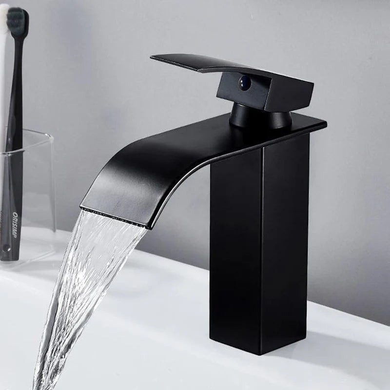 Lavabo cascada para el hogar, grifo alto y bajo de acero inoxidable, lavabo negro para inodoro frío y caliente, Baño