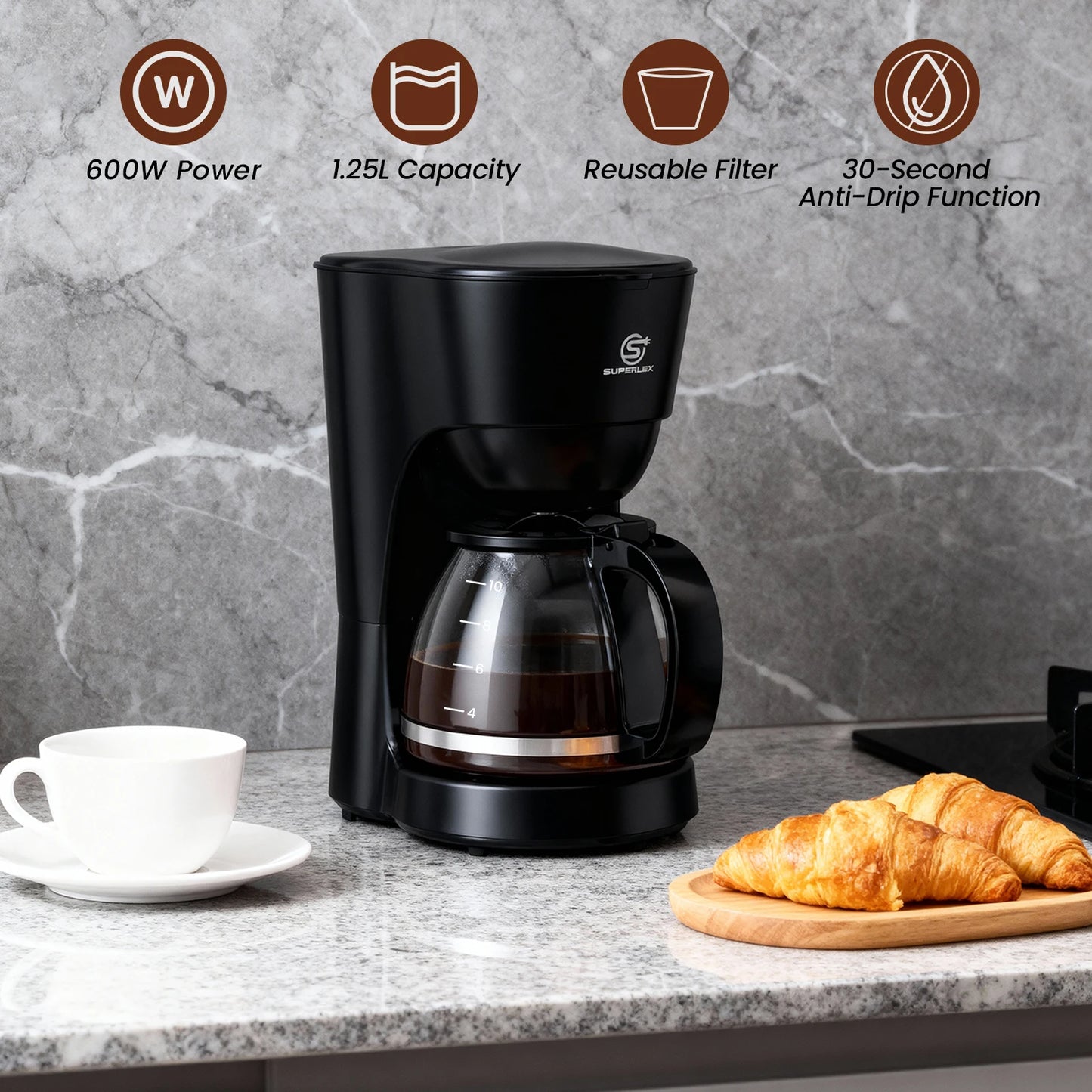 Cafetera Eléctrica de Goteo SUPERLEX de 1.25L, 600W, Estilo Americano, con Ventana de Nivel de Agua y Filtro Reutilizable