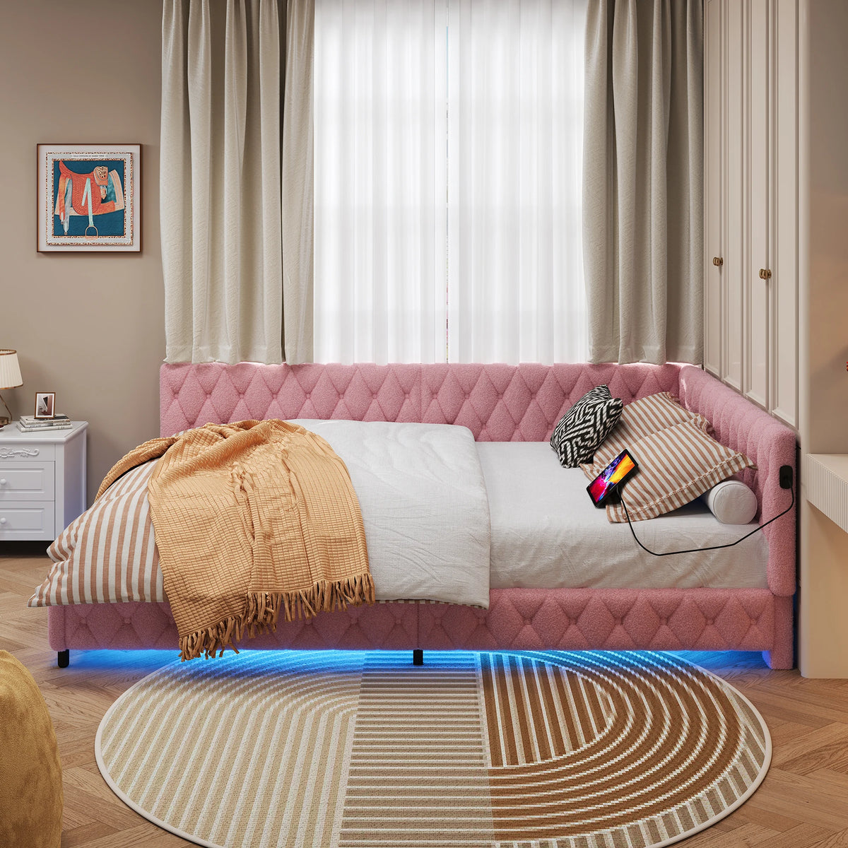 Rosahqnda sofá cama 140*200cm cama tapizada cama multifuncional sin colchón lana de cordero rosa y blanco/Teddy rosa y beige