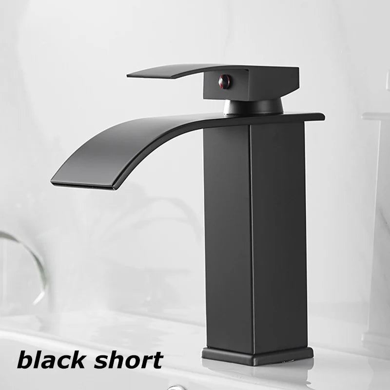 Lavabo cascada para el hogar, grifo alto y bajo de acero inoxidable, lavabo negro para inodoro frío y caliente, Baño