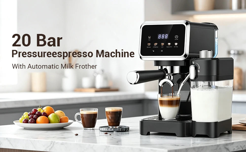 Cafetera Espresso con Pantalla Táctil a Color, Máquina de Cappuccino y Latte de 20 Bares con Espumador de Leche Automático, Cafetera Espresso de Doble Caldera de Acero Inoxidable para el Hogar, 1350W