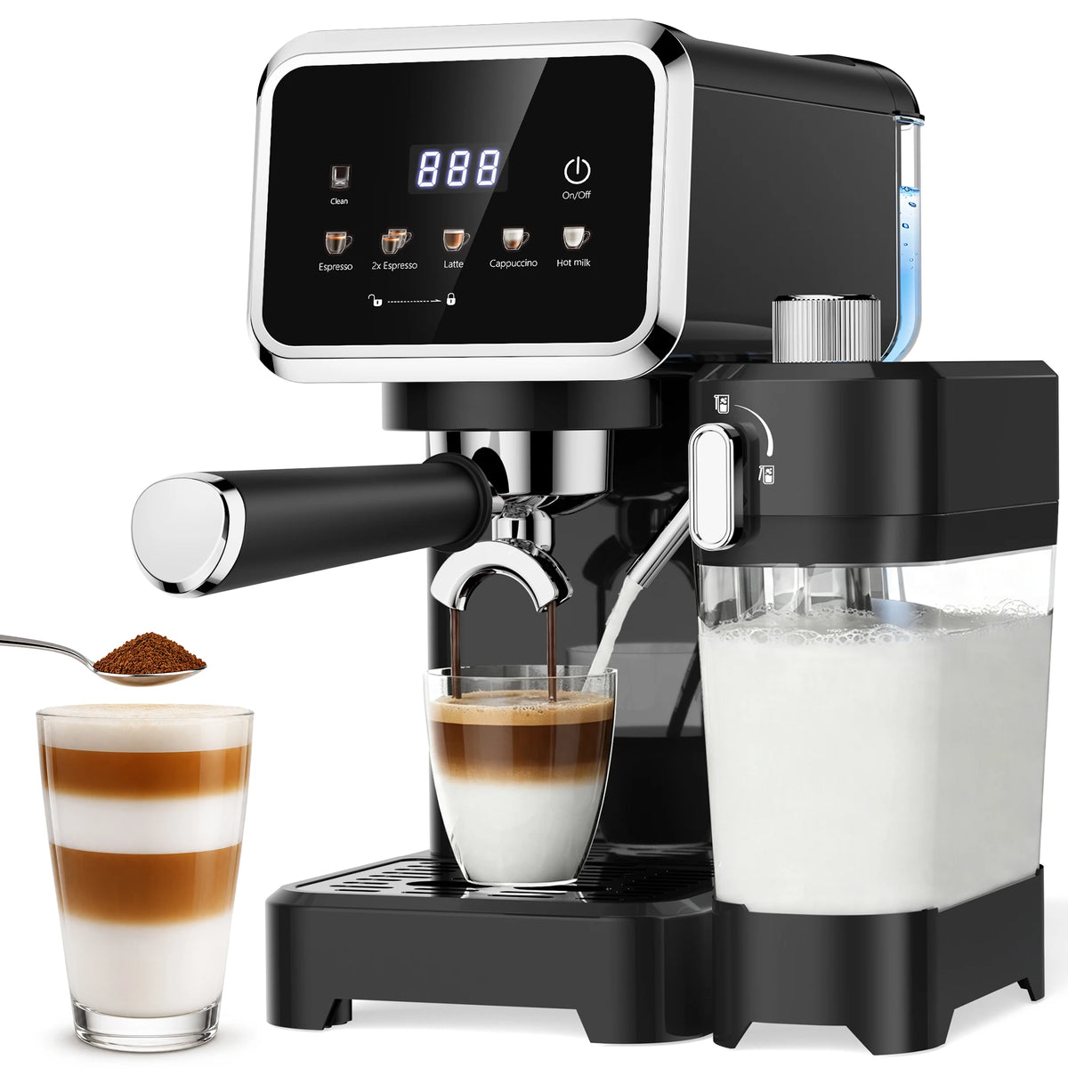 Cafetera Espresso con Pantalla Táctil a Color, Máquina de Cappuccino y Latte de 20 Bares con Espumador de Leche Automático, Cafetera Espresso de Doble Caldera de Acero Inoxidable para el Hogar, 1350W