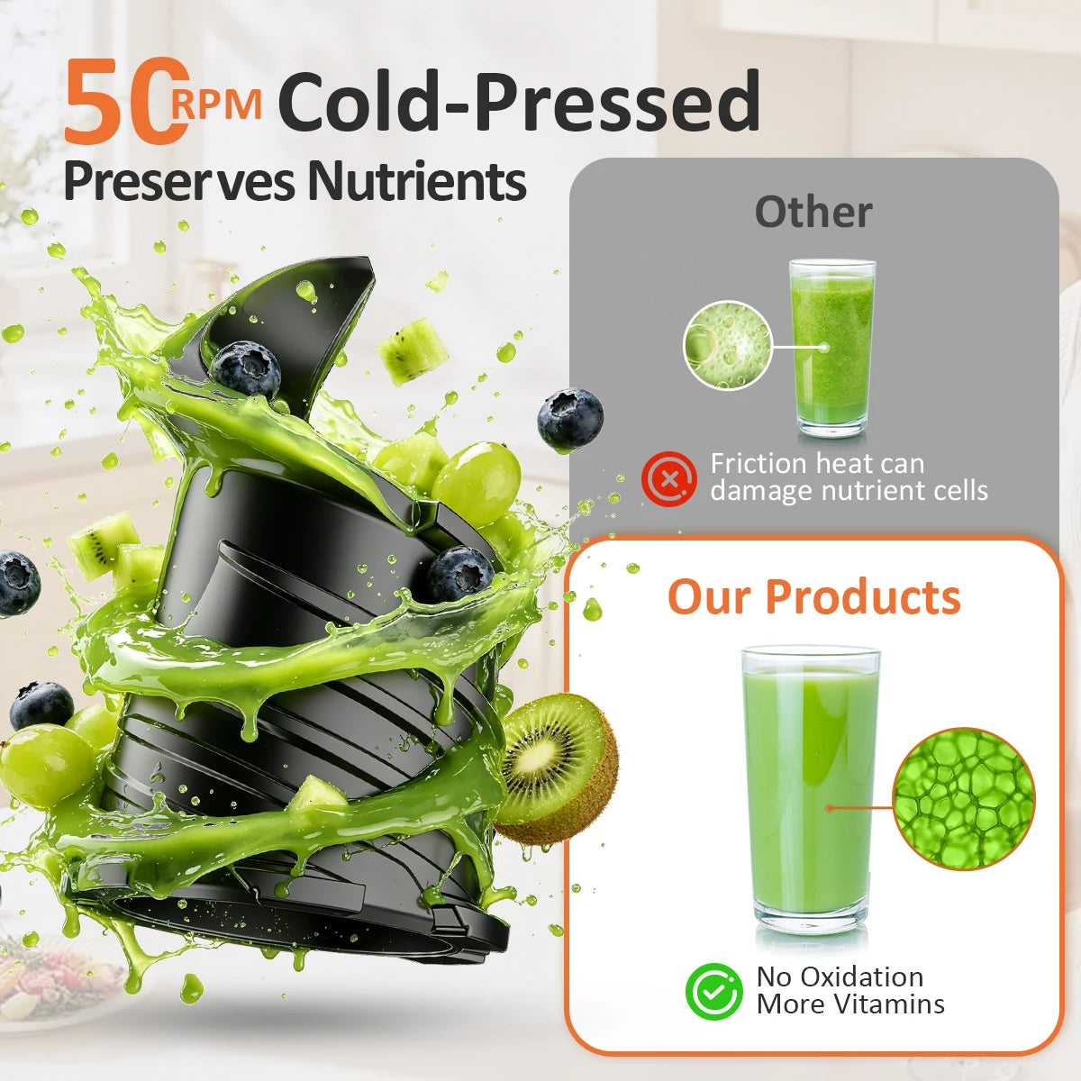Extractor de jugo de masticación lenta con tolva de alimentación grande de 5,4", máquinas de extractor de jugo de prensado en frío de 350 W para frutas y verduras enteras, extractor de jugo silencioso de 50 RPM, fácil de