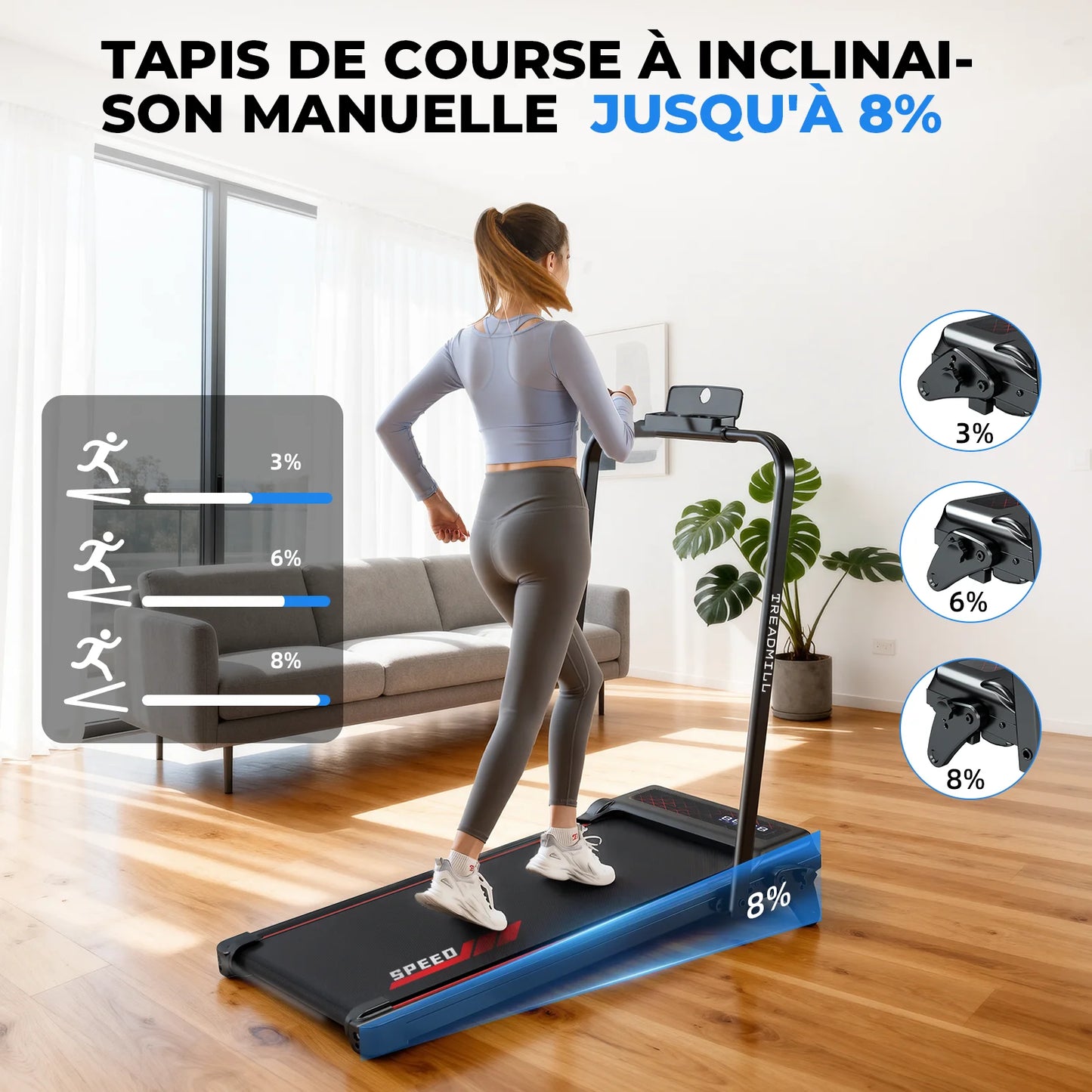 Alfombra de carreras plegable para casa, inclinación ajustable hasta, motor de fuerza, velocidad: 1 a 12 km/h