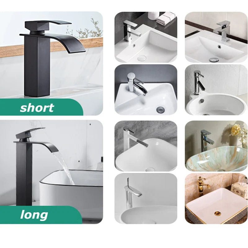 Lavabo cascada para el hogar, grifo alto y bajo de acero inoxidable, lavabo negro para inodoro frío y caliente, Baño