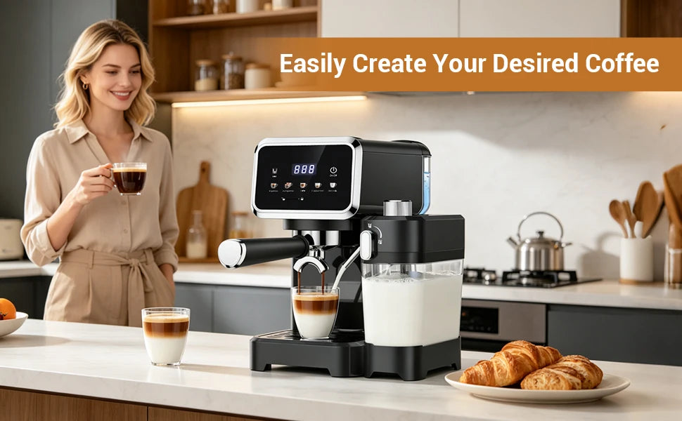 Cafetera Espresso con Pantalla Táctil a Color, Máquina de Cappuccino y Latte de 20 Bares con Espumador de Leche Automático, Cafetera Espresso de Doble Caldera de Acero Inoxidable para el Hogar, 1350W