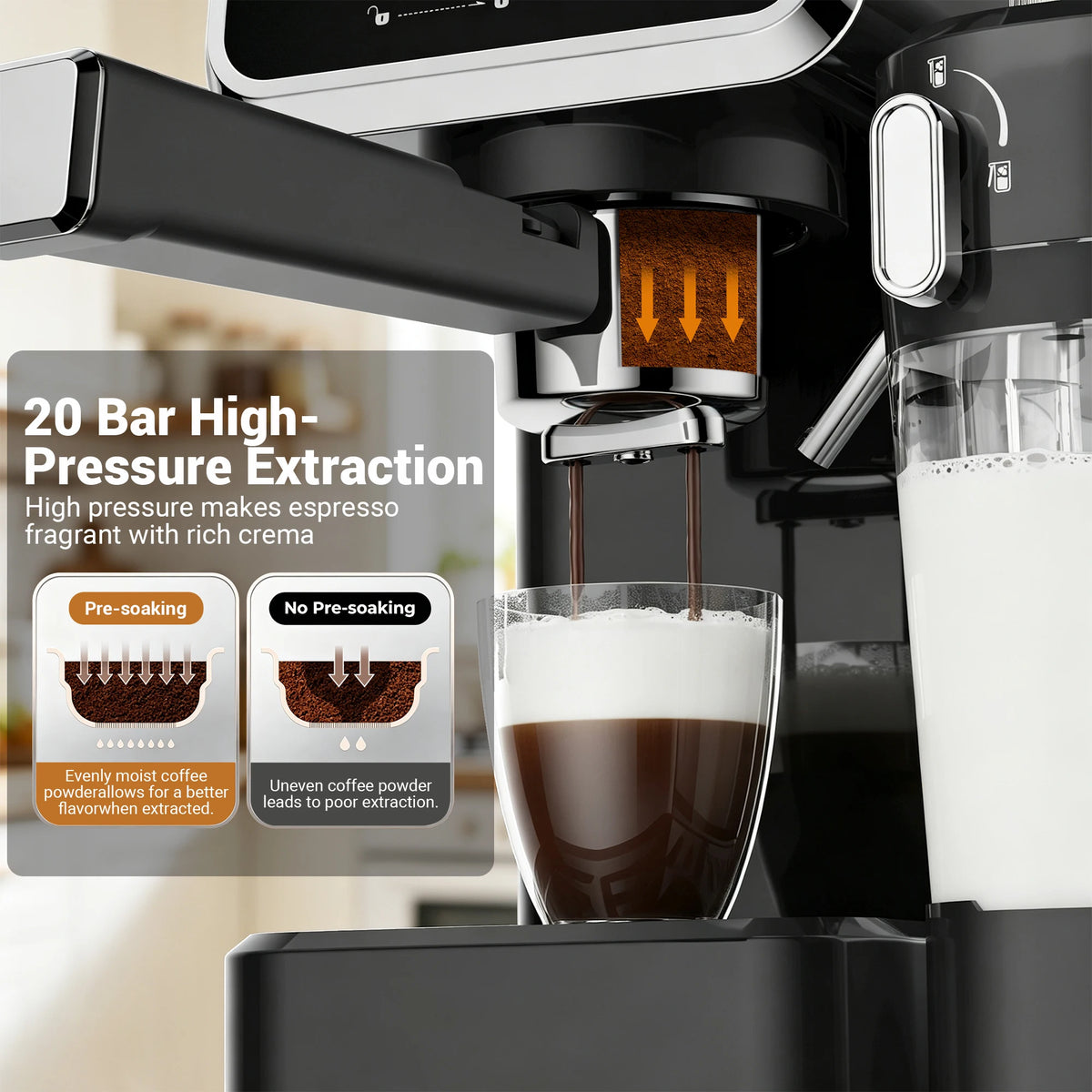 Cafetera Espresso con Pantalla Táctil a Color, Máquina de Cappuccino y Latte de 20 Bares con Espumador de Leche Automático, Cafetera Espresso de Doble Caldera de Acero Inoxidable para el Hogar, 1350W