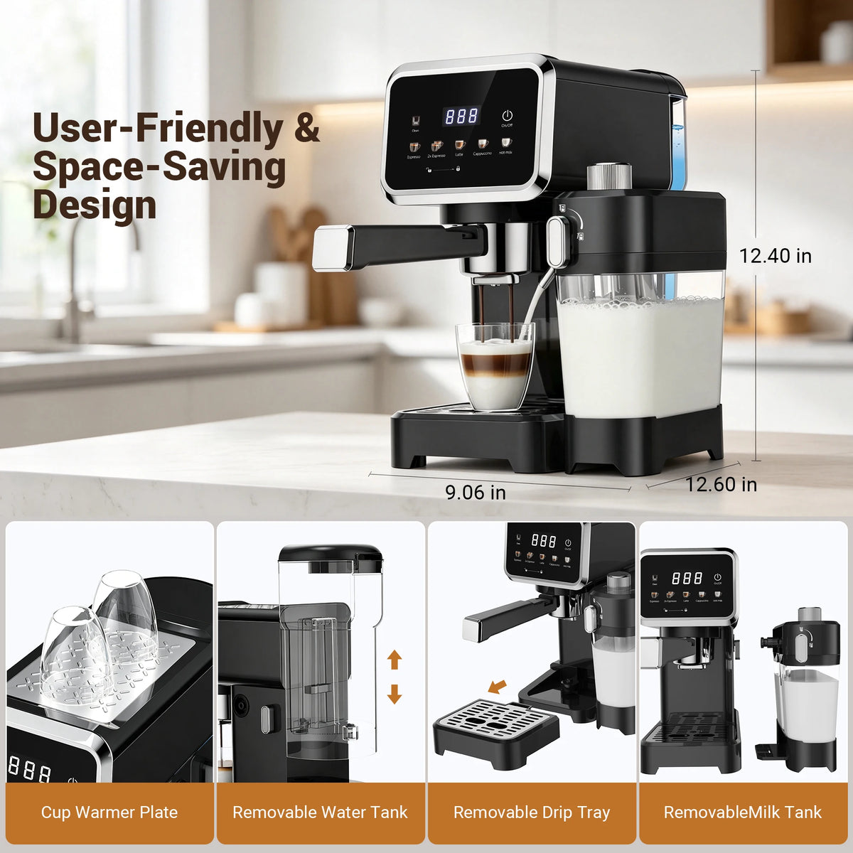 Cafetera Espresso con Pantalla Táctil a Color, Máquina de Cappuccino y Latte de 20 Bares con Espumador de Leche Automático, Cafetera Espresso de Doble Caldera de Acero Inoxidable para el Hogar, 1350W