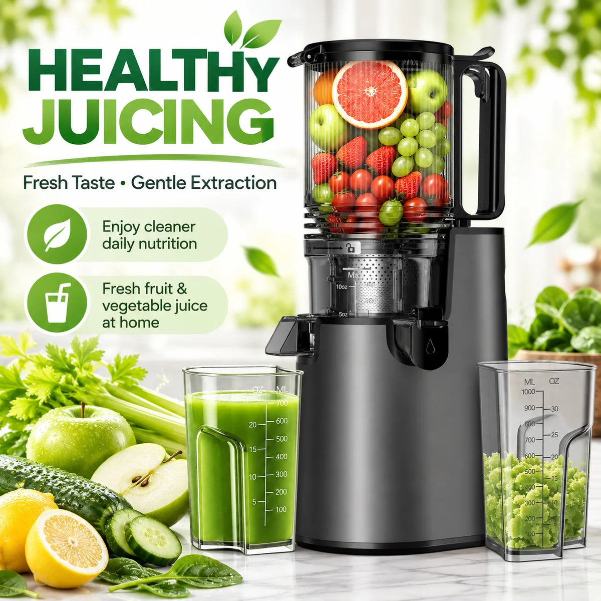 Extractor de jugo de masticación lenta con tolva de alimentación grande de 5,4", máquinas de extractor de jugo de prensado en frío de 350 W para frutas y verduras enteras, extractor de jugo silencioso de 50 RPM, fácil de