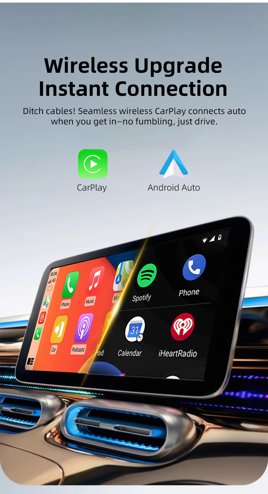 Adaptador Inalámbrico CarPlay 2 en 1, Plug-and-Play para iPhone 6 y Android 11 o superiores, Adaptador para Auto con Puerto USB/USB-C, Accesorio para Auto