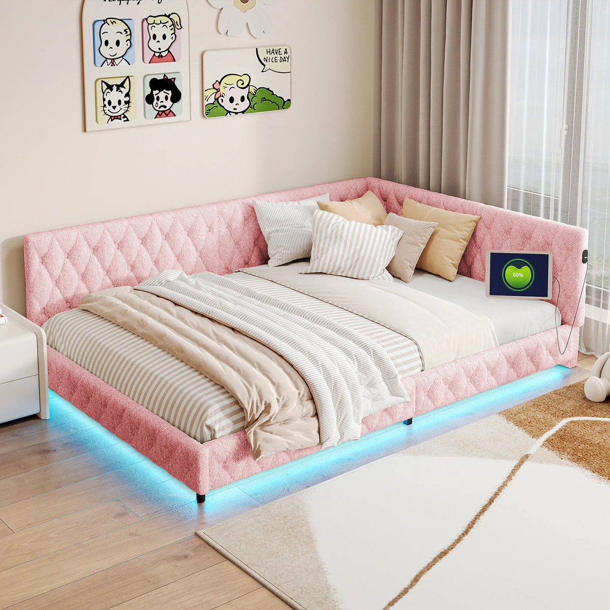 Rosahqnda sofá cama 140*200cm cama tapizada cama multifuncional sin colchón lana de cordero rosa y blanco/Teddy rosa y beige