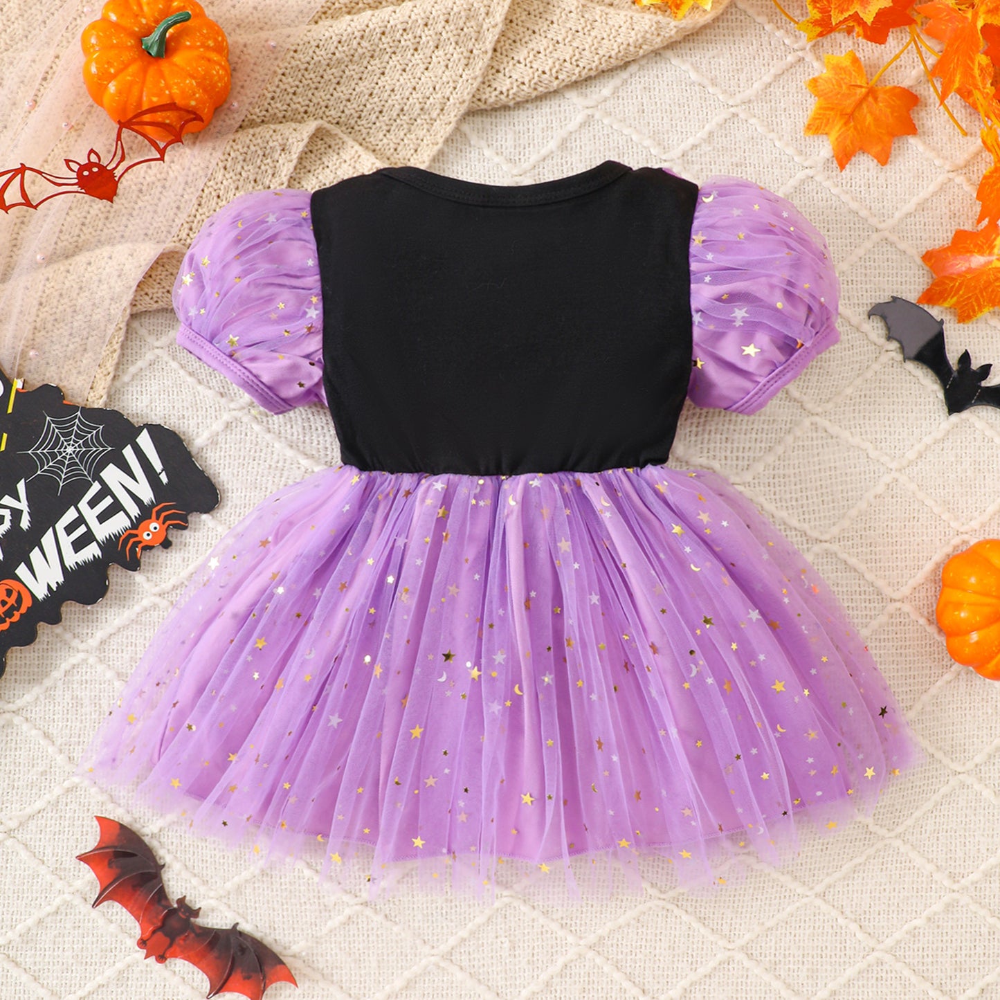 Baby Princess Dress Black and Purple Spliced Sequin Tulle Cartoon Halloween Mixed Batch Girls Short Sleeve Dress