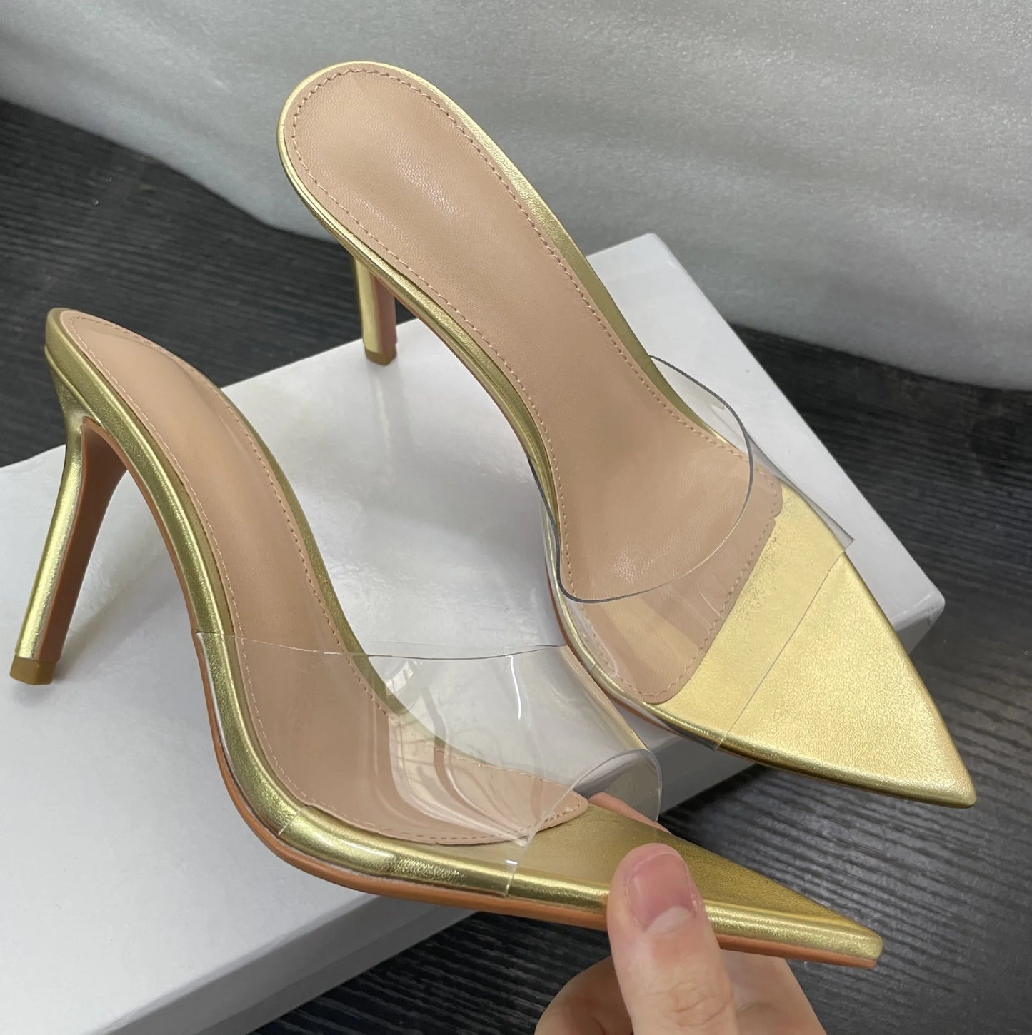 Sexy Closed Pointed Toe Transparente Sandalias Alto Tacon Stiletto Rhinestone Slingback Zapatos Sandals Outdoor Women Slippers
