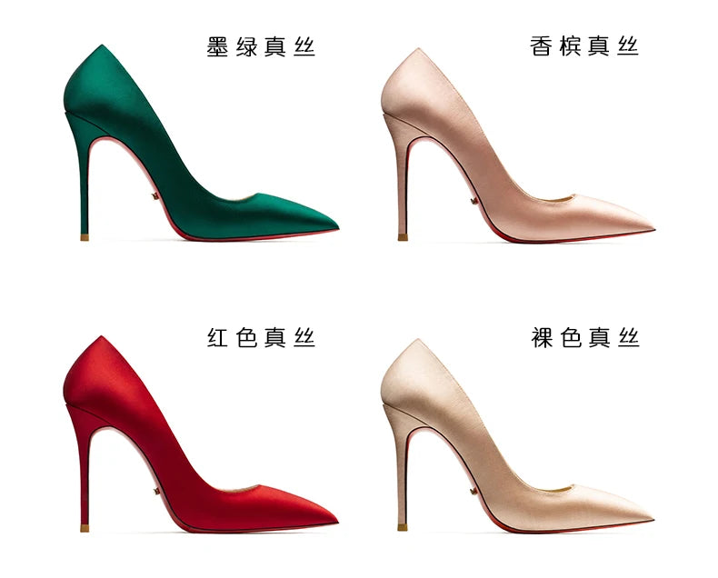 HLTINO, tacones altos de fondo rojo de 12cm, zapatos de lujo de cuero genuino, tacones de aguja súper altos para mujer con zapatos de tacón de primavera para mujer