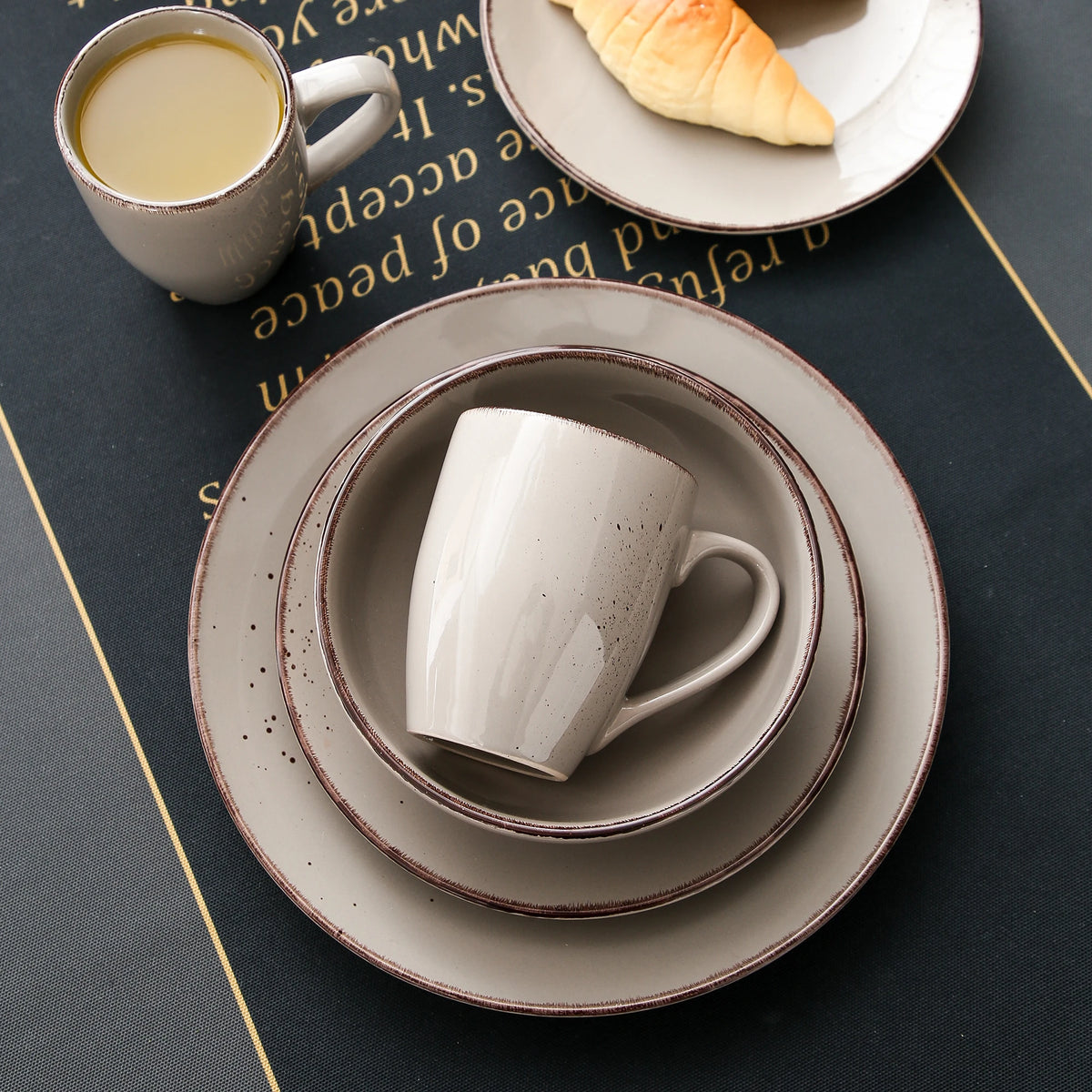 Vajilla de cerámica de gres, conjunto de taza, plato de cena, plato de postre y cuenco de 800 ml, modelo Vancasso VC-NAVIA-2-SLX123, color gris, desde 16, 32 y 48 piezas