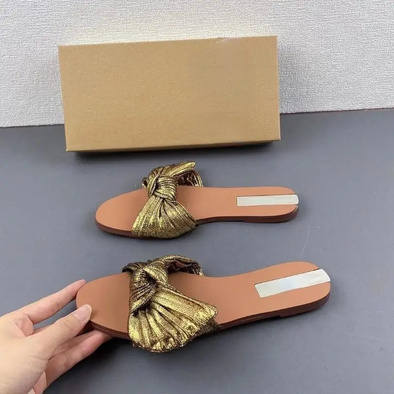 Sandali Donna Femme Gold Bow  Upper Slides Style Flat Women's Sandals for Ladies 2022