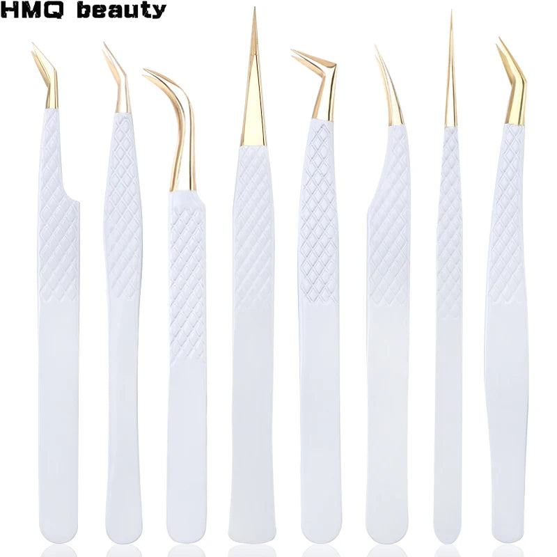 Pinzas de Precisión Antiestáticas de Acero Inoxidable Blanco-Dorado para Extensión de Pestañas, Juego de Herramientas de Maquillaje y Belleza para Cejas
